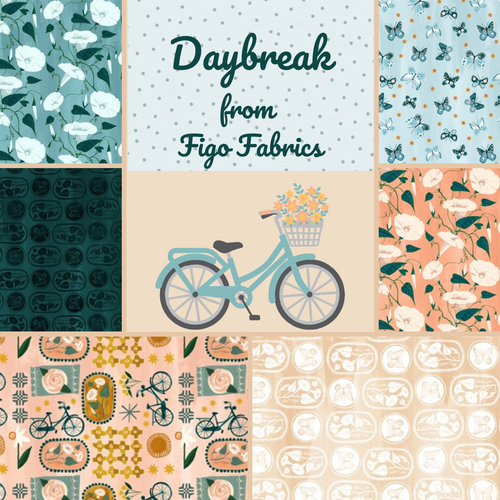 Daybreak by Figo Fabrics cotton quilt weight fabric summer theme bicyles flowers butterflies in peach blue ivory dark green
