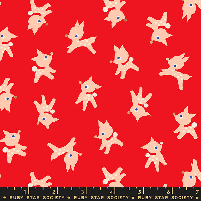 Baby Deer or Fawns with metallic shiny nose and blue eye on red background from Jolly Darlings by Ruby Star Society for Moda Fabrics cotton holiday yardage for stockings quilts pillowcases tree skirts fussy cutting and more 