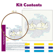 Load image into Gallery viewer, Poplush Dreaming Foxes Fox  Embroidery Kit Contents Original design includes needle floss hoop pre-printed fabric instructions
