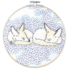 Load image into Gallery viewer, Poplush Dreaming Foxes Fox  Embroidery Kit Contents Original design includes needle floss hoop pre-printed fabric instructions
