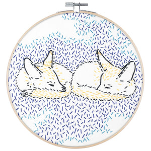 Poplush Dreaming Foxes Fox  Embroidery Kit Contents Original design includes needle floss hoop pre-printed fabric instructions