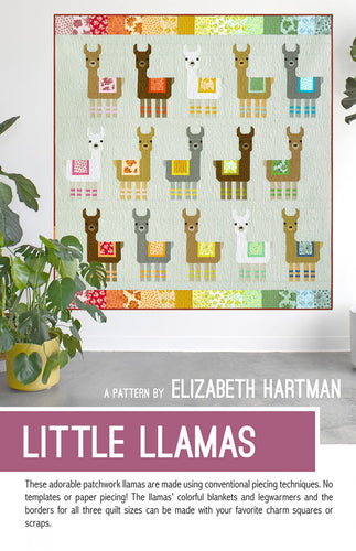 Little Llamas pattern by Elizabeth Hartman Hartmann beginner friendly traditionally pieced fat quarter scrap baby throw bed quilt sizes llamas wearing leg warmers and blanket