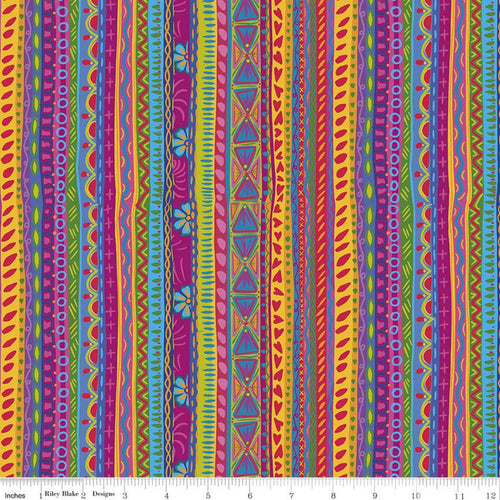 Multi-colored bright stripe flowers hearts doodles squiggles Eleanor Crafty Chica Kathy Cano-Murillo Riley Blake Designs cotton quilt garment fabric Mexico Mexican style colorful