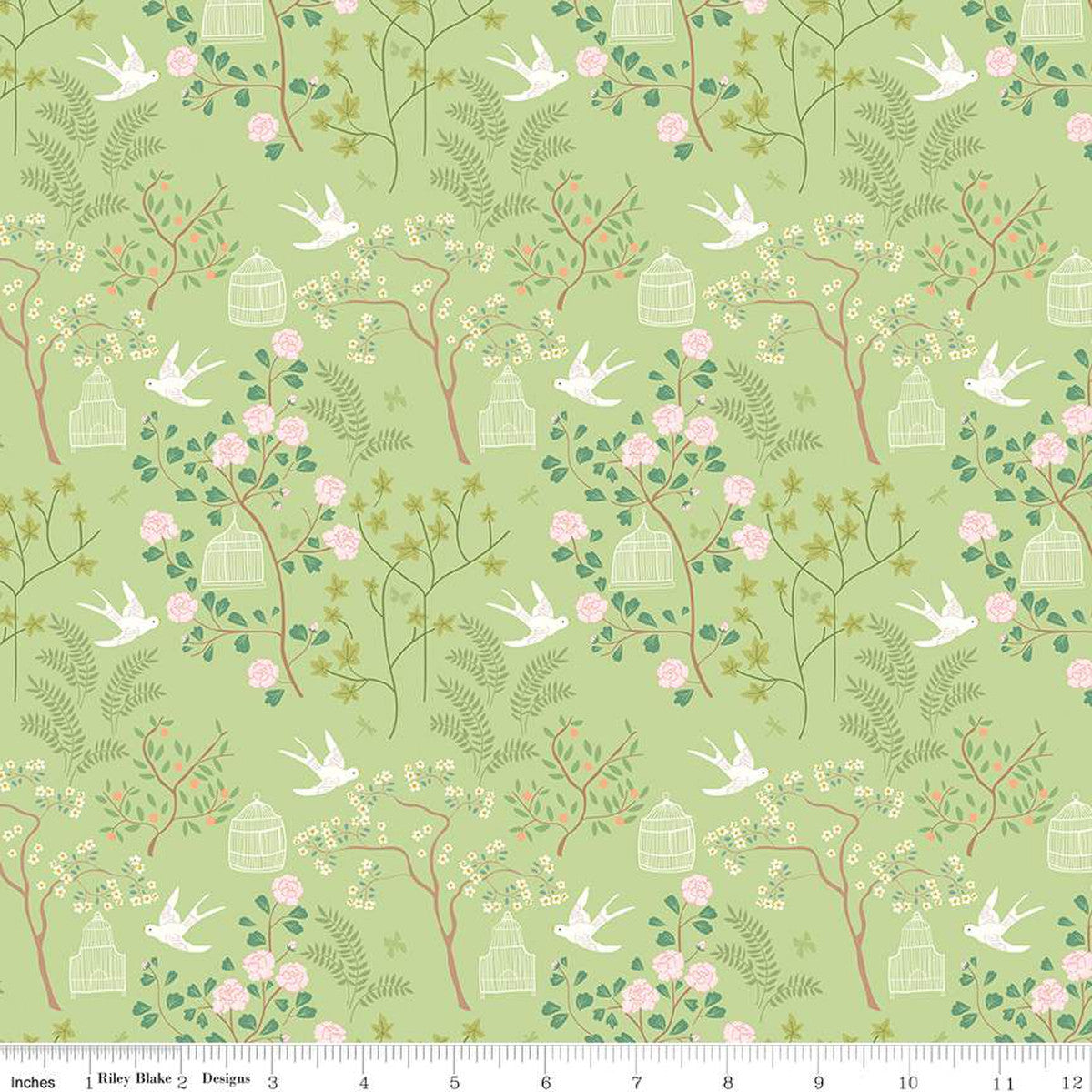 Emma Birdcage in Green by Citrus + Mint for Riley Blake Designs soft sage green background with delicate trees of flowers dogwood and peony bushes with an empty birdcage outline hanging from branch   and leaves in green swallows fly in between the trees soft and beautiful high quality designer cotton fabric for piecing quilts garments clothing bags and sewing projects material