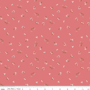 Jane Austen Emma Ditzyrose Print by Citrus + Mint for Riley Blake Designs deep rose pink background with scattered flowers such as tulips and lily of the valley in soft cream green brown stems and leavess beautiful high quality designer fabric for piecing quilts garments clothing bags and sewing projects material