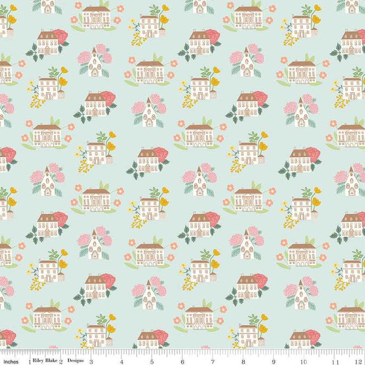 Jane Austen Emma Houses Print by Citrus + Mint for Riley Blake Designs mint green background with township saltbox colonial houses and small churches in cream with pink and yellow flowers behind each soft and beautiful high quality designer fabric for piecing quilts garments clothing bags and sewing projects material