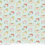 Jane Austen Emma Houses Print by Citrus + Mint for Riley Blake Designs mint green background with township saltbox colonial houses and small churches in cream with pink and yellow flowers behind each soft and beautiful high quality designer fabric for piecing quilts garments clothing bags and sewing projects material