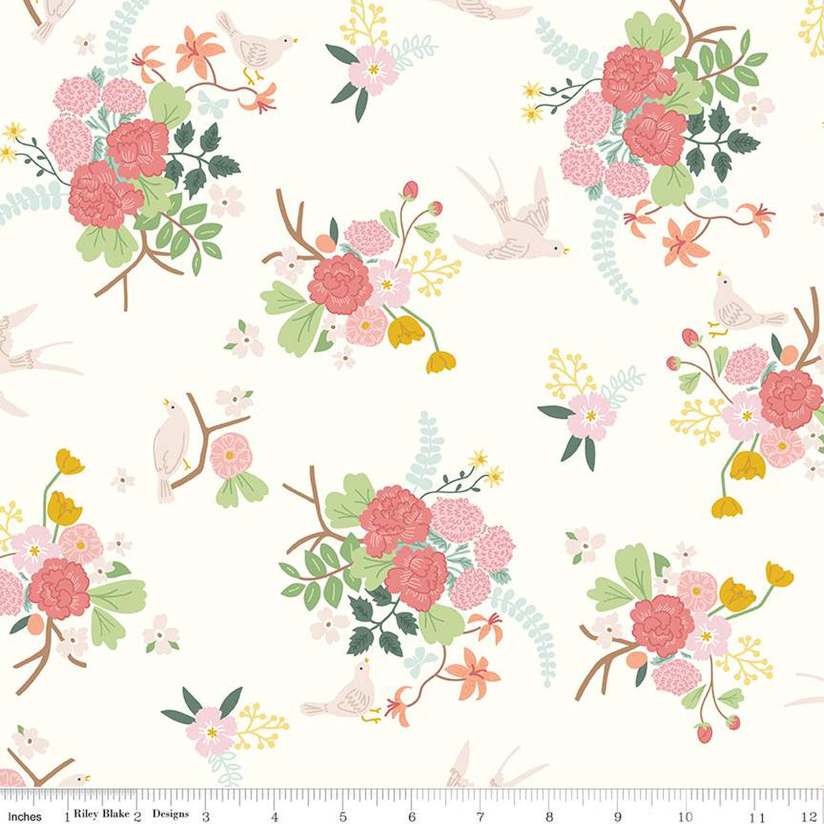 Emma Main Print by Citrus + Mint for Riley Blake Designs Cream background with bouquets of flowers including peonies poppies mums in shades of pink with stems and leaves in green swallows fly in between the florals soft and beautiful high quality designer fabric for piecing quilts garments clothing bags and sewing projects material