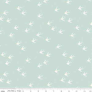 Jane Austen Emma Swallows in Mint Print by Citrus + Mint for Riley Blake Designs delicate mint green background with soft white cream swallows flying in flocks soft and beautiful with movement  high quality designer fabric for piecing quilts garments clothing bags and sewing projects material