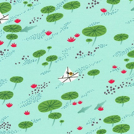 Escargot for It Hello!Lucky Hello Lucky Lily Pad Paper Boat Snail Fish Pond AquaFabric Robert Kaufman Cotton Quilt Fabric Material 