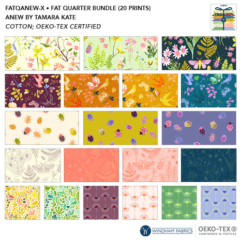 fat quarter bundle Anew by Tamara Kate for Windham Fabrics botantical nature inspired prints of flowers moths beetles birds and geomateric shapes in wine cream green blue and purple cotton quilt weight fabric 