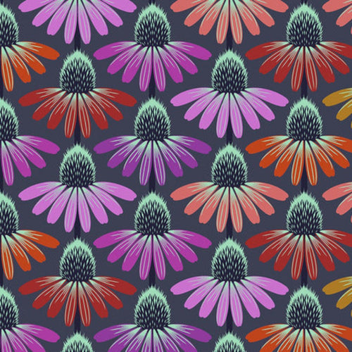 Anna Maria Horner Echinacea Glow charcoal background purple red and orange flowers densely clustered quilt weight cotton Freespirit fabrics
