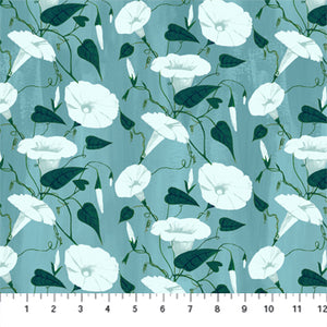 Daybreak by Figo Fabrics Aqua Blue background with white climbing morning glory flowers and dark green leaves  medium density high quality quilt clothing garment cotton material fabric