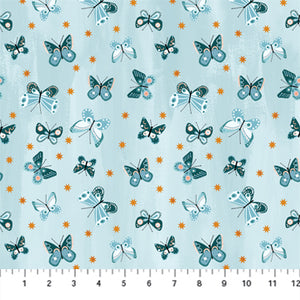 Figo Daybreak Butterfly in Blue scattered butterflies in different sizes and shades of blue on a light gray slate blue background with small orange irregular polka dots high quality cotton fabric material for quilting sewing garments clothes bags projects 