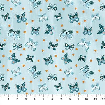 Figo Daybreak Butterfly in Blue scattered butterflies in different sizes and shades of blue on a light gray slate blue background with small orange irregular polka dots high quality cotton fabric material for quilting sewing garments clothes bags projects 