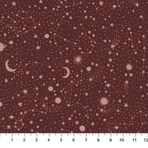 Galaxies Cosmos print by Boccaccini Meadows for Figo Fabrics tone on tone constellations planets sun moon stars against a dark rusty red background with scattered gold stars high quality quilt weight cotton for quilting garments clothing bags sewing projects curtains home decor