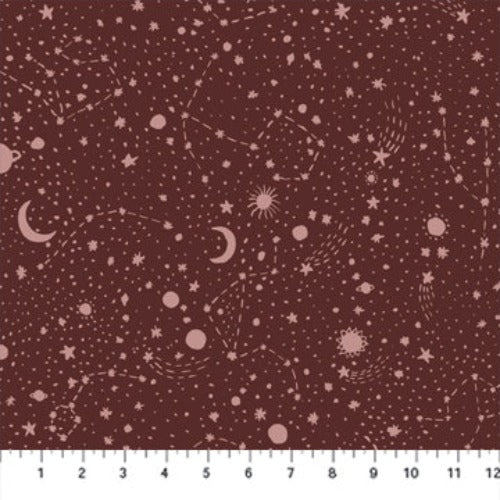 Galaxies Cosmos print by Boccaccini Meadows for Figo Fabrics tone on tone constellations planets sun moon stars against a dark rusty red background with scattered gold stars high quality quilt weight cotton for quilting garments clothing bags sewing projects curtains home decor