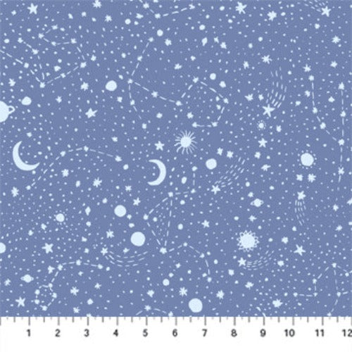 Galaxies Cosmos print by Boccaccini Meadows for Figo Fabrics tone on tone constellations planets sun moon stars against a sky blue background with scattered gold stars high quality quilt weight cotton for quilting garments clothing bags sewing projects curtains home decor