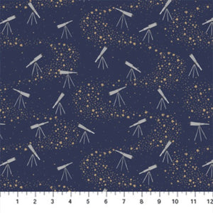 Galaxies Telescope and Stars print by Boccaccini Meadows for Figo Fabrics swirling trails of stars on a navy background with telescopes high quality quilt weight cotton for quilting garments clothing bags sewing projects curtains home decor