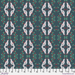 Folk Heart Reflecting Sage Nathalie Lete for Conservatory Craft Free Spirit Fabrics dark green red berry leaf mirrored love birds cotton quilt fabric material 