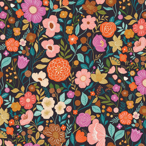 Good Vibes by Bethan Janine for Dashwood Fabrics Floral multi-colored pink orange yellow green peachblack background cotton quilting fabric flowers
