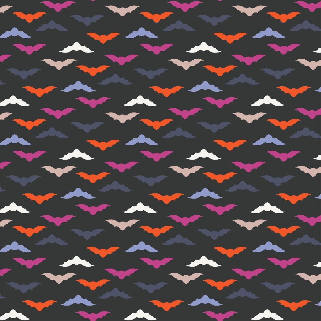 Ghost Town by Dana Willard for Figo Fabrics multi-colored orange pink white cream blue purple bats in mid-flight  on a charcoal black background great for Halloween trick or treat bags quilts table runners garments and sewing promaterialjects high quality cotton 