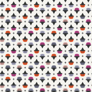Ghost Town by Dana Willard for Figo Fabrics multi-colored pink orange blue purple kitty cat faces wearing a witch hat on a soft white cream background with interspursed black stars great for Halloween trick or treat bags quilts table runners garments and sewing projects material high quality cotton