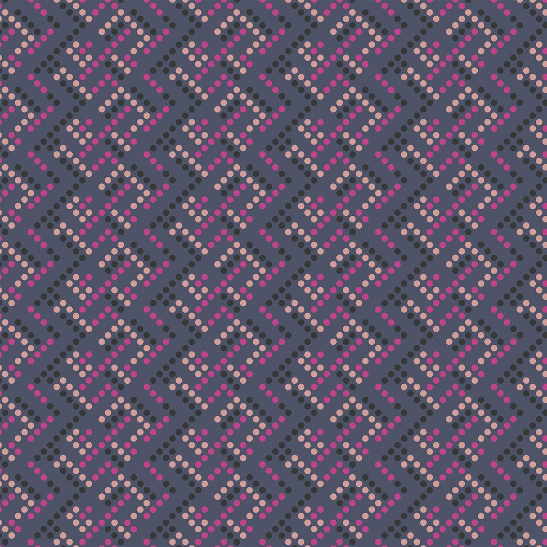 Ghost Town by Dana Willard for Figo Fabrics multi-colored slate blue gray fuschia pink and blush dots in geometric zig zag rows on a charcoal gray grey background great for Halloween trick or treat bags quilts table runners garments and sewing projects material high quality cotton