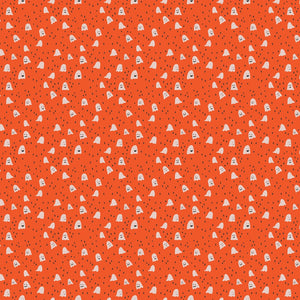 Ghost Town by Dana Willard for Figo Fabrics silly little smiling ghosts ghosties on an orange background with scattered watermelon seed dots  background great for Halloween trick or treat bags quilts table runners garments and sewing projects material high quality cotton