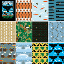Load image into Gallery viewer, Birch Organic Fabrics Charley Harper Glacier Bay Panel fat quarter bundle whales bears trout fish beavers eagles sandpipers whale tails in blue black gray and green  quilt weight fabric for quilting sewing bags projects
