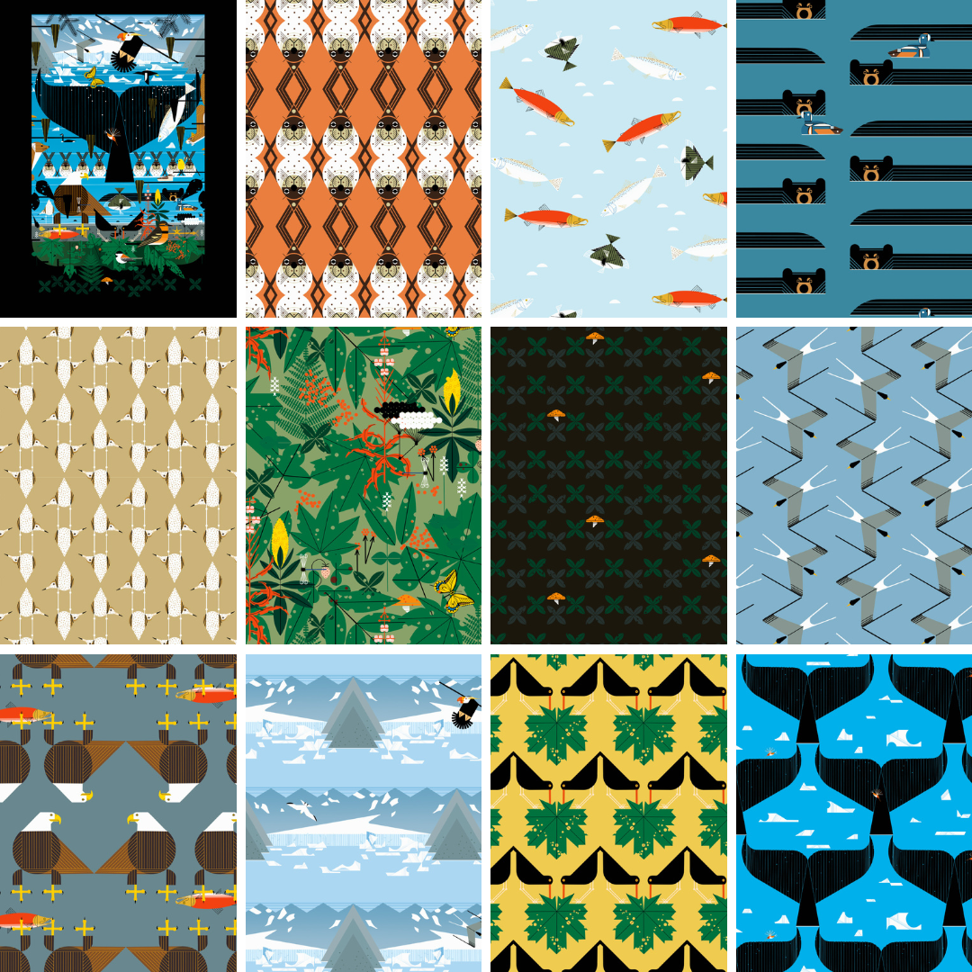 Birch Organic Fabrics Charley Harper Glacier Bay Panel fat quarter bundle whales bears trout fish beavers eagles sandpipers whale tails in blue black gray and green  quilt weight fabric for quilting sewing bags projects
