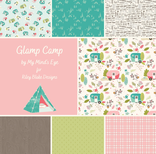 Glamp Camp fat quarter bundle by My Mind's Eye for Riley Blake Designs cotton quilt weight fabric glampers campers trees mountains wood grain plaid text fabric with camping words hike explore adventure