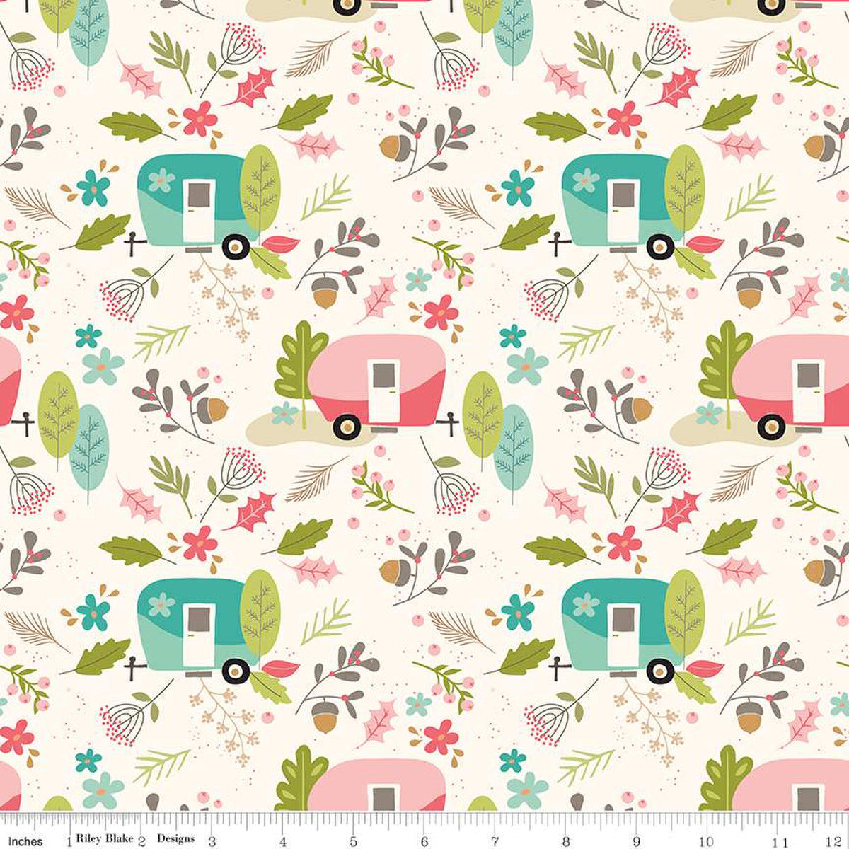 Glamp Camp by My Mind's Eye for Riley Blake Designs Turquoise Aqua and pink glampers campers trailers on a cream background with scattered leaves flowers and acorns cotton fabric for quilting sewing garments material