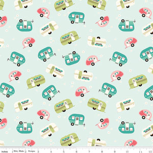 Glamp Camp by My Mind's Eye for Riley Blake Designs Turquoise Aqua olive green and pink glampers campers trailers on a mint background with scattered daisy flowers cotton fabric for quilting sewing garments material