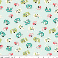 Glamp Camp by My Mind's Eye for Riley Blake Designs Turquoise Aqua olive green and pink glampers campers trailers on a mint background with scattered daisy flowers cotton fabric for quilting sewing garments material