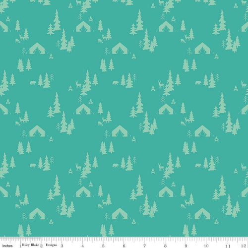 Glamp Camp by My Mind's Eye for Riley Blake Designs Turquoise tone on tone forest pine trees tents bears deer and campfire outlines on a teal background with scattered leaves flowers and acorns cotton fabric for quilting sewing garments material