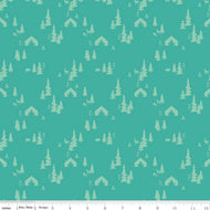 Glamp Camp by My Mind's Eye for Riley Blake Designs Turquoise tone on tone forest pine trees tents bears deer and campfire outlines on a teal background with scattered leaves flowers and acorns cotton fabric for quilting sewing garments material