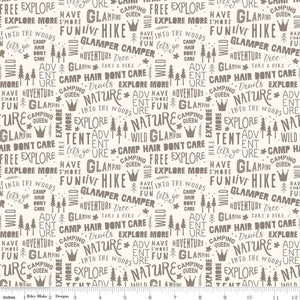 Glamp Camp by My Mind's Eye for Riley Blake Designs Cream background with soft brown scattered camping phrases like Take a Hike and Camp Hair Don't Care cotton fabric for quilting sewing garments material