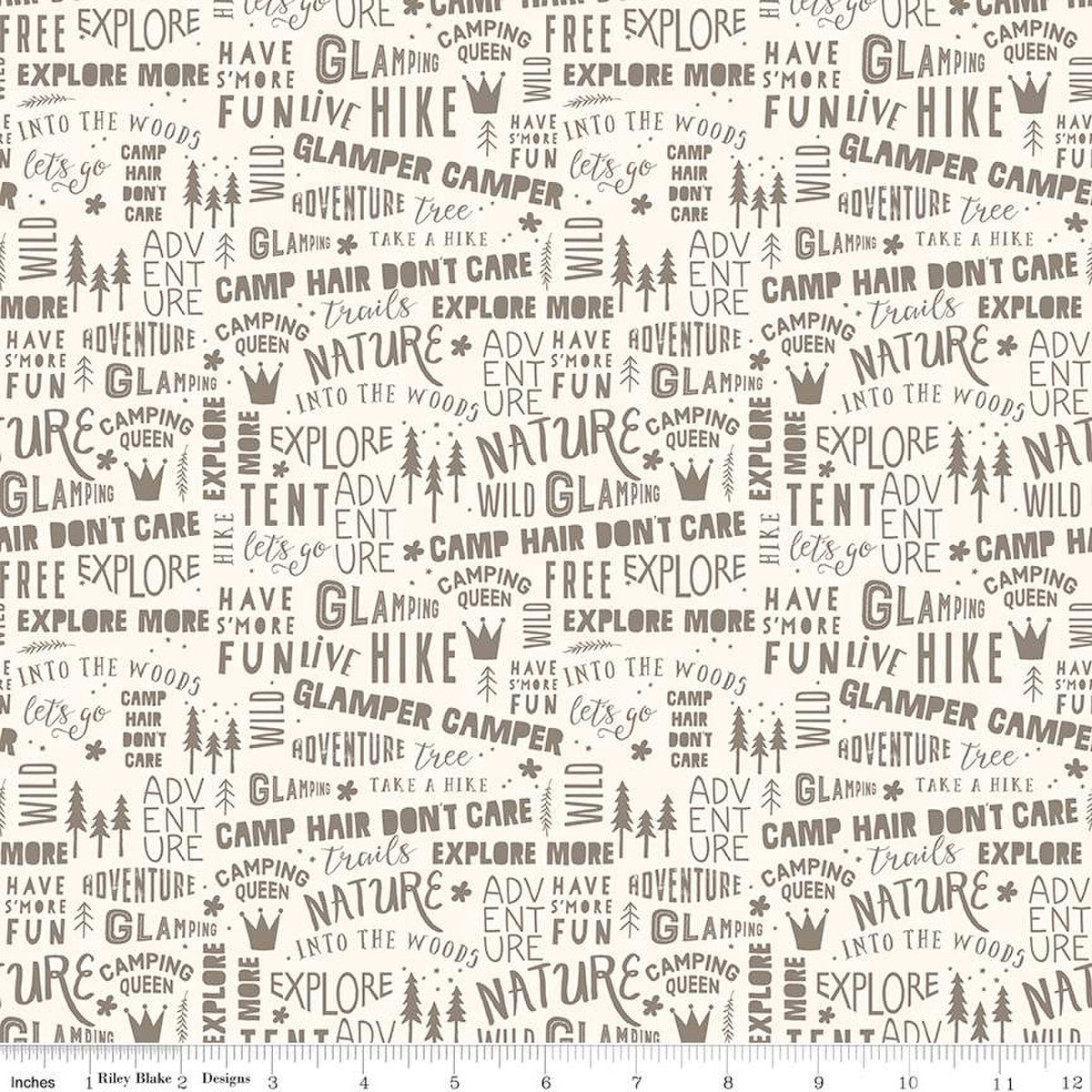 Glamp Camp by My Mind's Eye for Riley Blake Designs Cream background with soft brown scattered camping phrases like Take a Hike and Camp Hair Don't Care cotton fabric for quilting sewing garments material