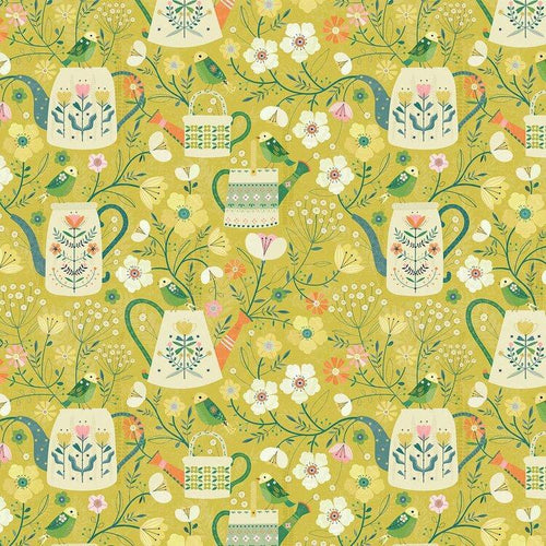 Dashwood Studios Hedgegrow floral watering cans birds garden green background cotton quilting fabric