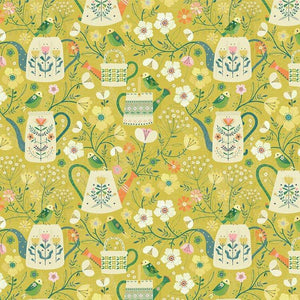 Dashwood Studios Hedgegrow floral watering cans birds garden green background cotton quilting fabric