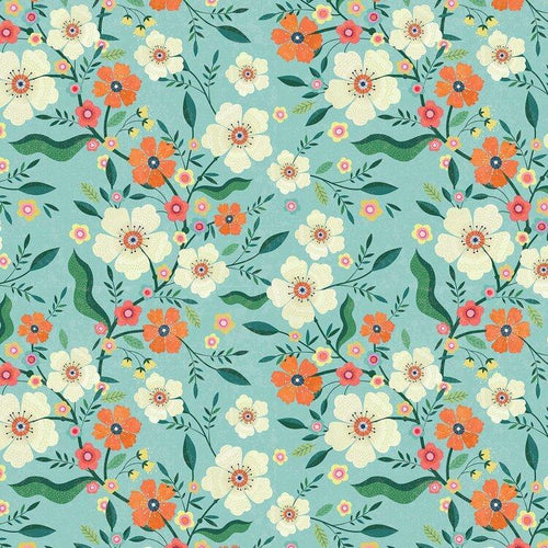 Dashwood Studios Fabric Floral Flowers Aqua background teal green leaves and stems pink, orange white and yellow flowers Hedgegrow