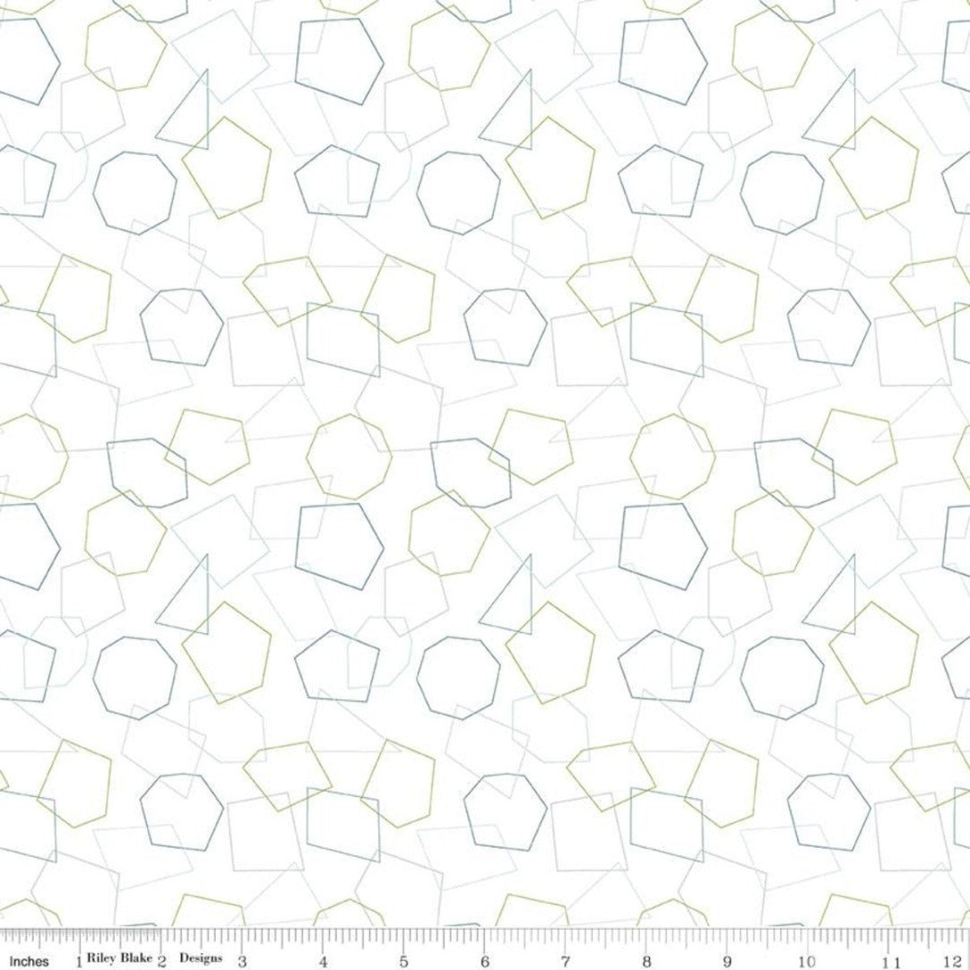Hush Hush low volume collection Riley Blake Designs Shape Up Amanda Castor overlapping polygons green gray cotton quilting fabric material