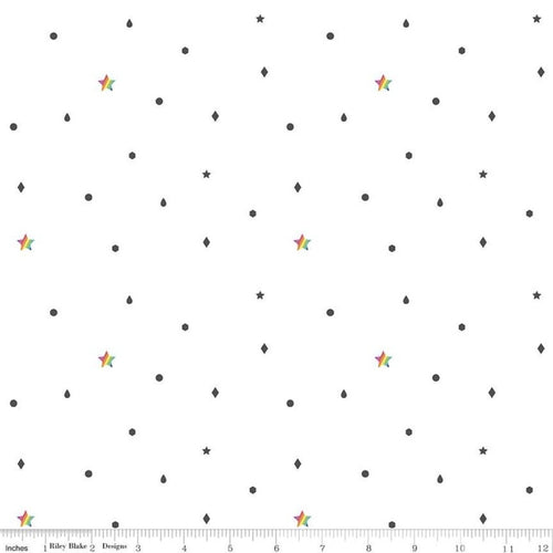 Hush Hush Low volume collection riley blake designs Kirsty Lea Quiet Play rainbow stars black diamond hexie teardrop circle on soft white background cotton quilting fabric