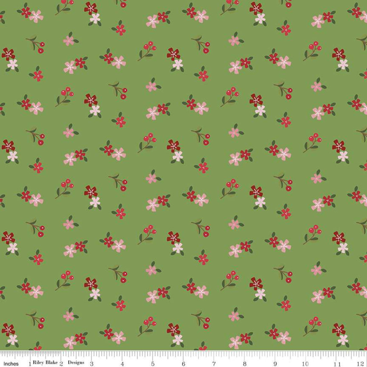 Riley Blake Designs Holly Holiday Tossed Scattered Small Flowers on Basil Green background Print pinecone red white roses foliage holly berry Christmas cotton quilting fabric Christoper Thompson