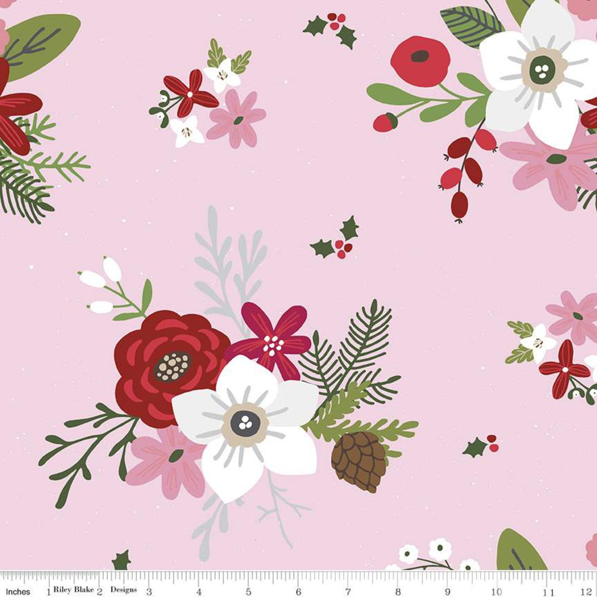 Riley Blake Designs Holly Holiday Main Rosette Pink Print pinecone red white roses foliage holly berry Christmas cotton quilting fabric Christoper Thompson