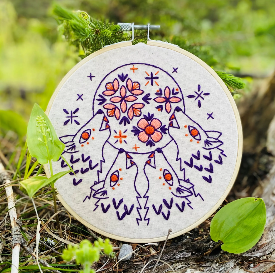 Hook LIne and Tinker Embroider Kit includes hoop thread needle preprinted canvas purple wolves howling at the full moon full of pink flowers handwork