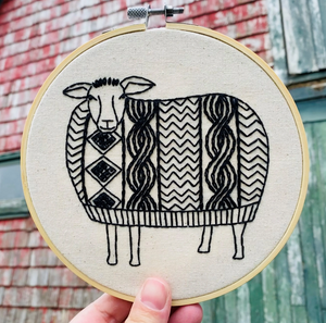 Hook LIne and Tinker complete embroidery kit hoop thread needle preprinted canvas with a sheep with a knitted sweater pattern in black handwork do it yourself