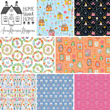Load image into Gallery viewer, Home Sweet Home by Anne Keegan Higgins for Freespirit Fabrics pre-order fat quarter bundle fussy cutting cottage houses cats chandeliers chair book spines picture frames in blue green pink black and peach color palette adorable for book nerd quilt garments clothing bags backpacks and more cotton quilt weight fabric
