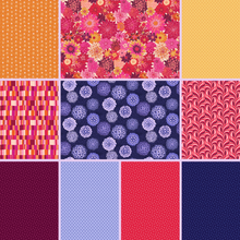 Load image into Gallery viewer, Happiness jelly roll by Pippa Shaw for Figo fabrics chrysanthemums large flowers purple red pink blue blue colorful happy fabric 
